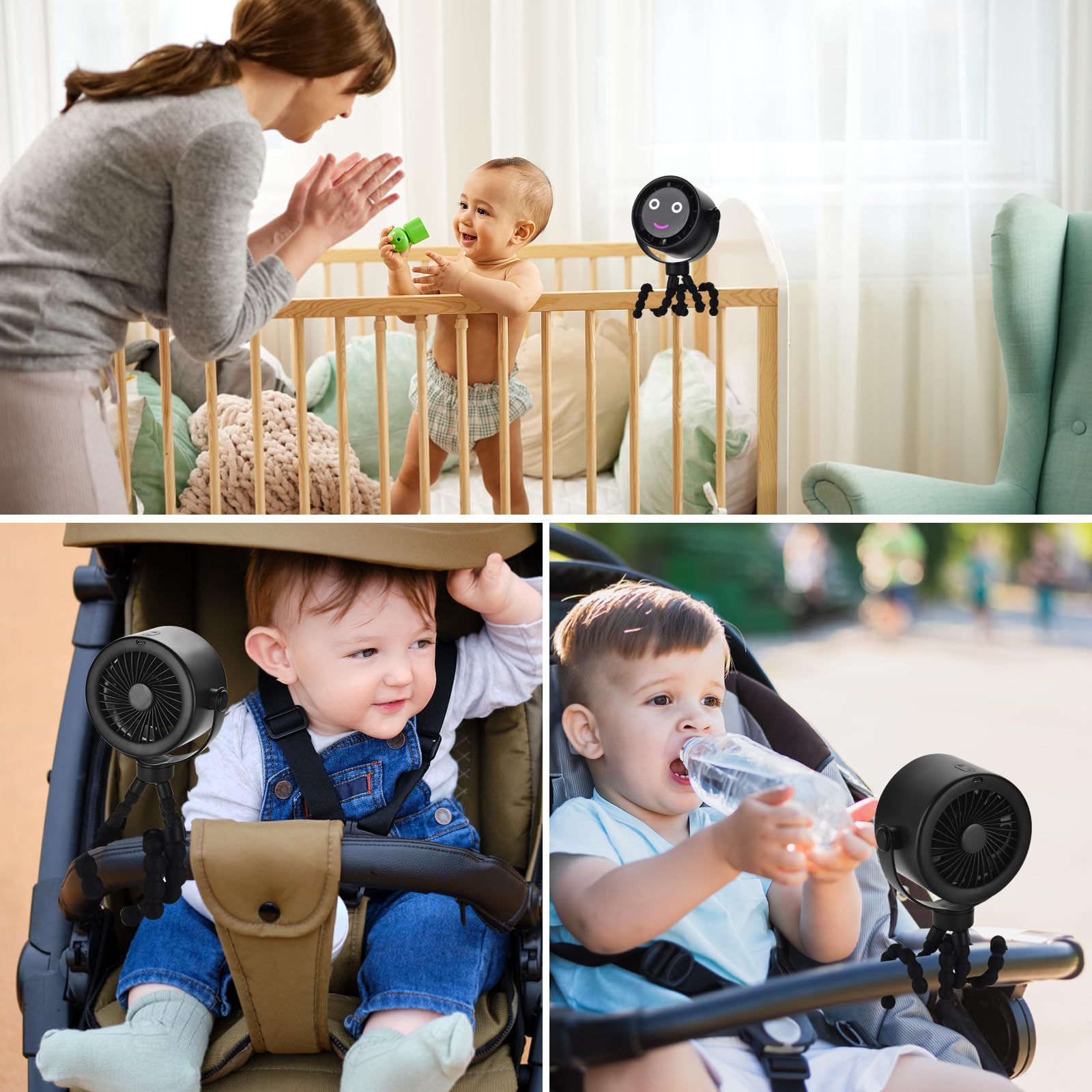 Tiankeplus Baby Stroller & Crib Fan (Quiet Turbo Airflow, Flexible Silicone Tripod, Long-Lasting Battery)