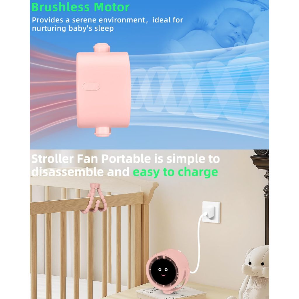 Tiankeplus Baby Stroller & Crib Fan (Quiet Turbo Airflow, Flexible Silicone Tripod, Long-Lasting Battery)