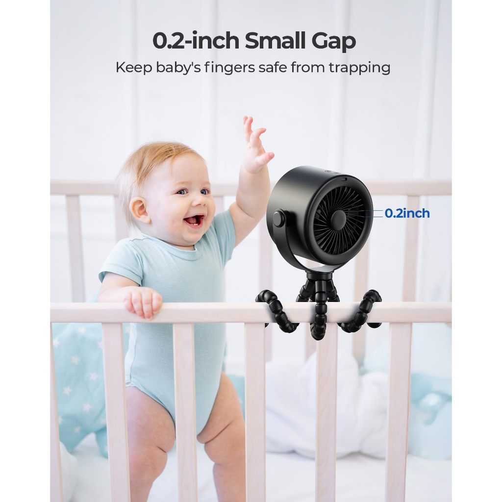 Tiankeplus Baby Stroller & Crib Fan (Quiet Turbo Airflow, Flexible Silicone Tripod, Long-Lasting Battery)