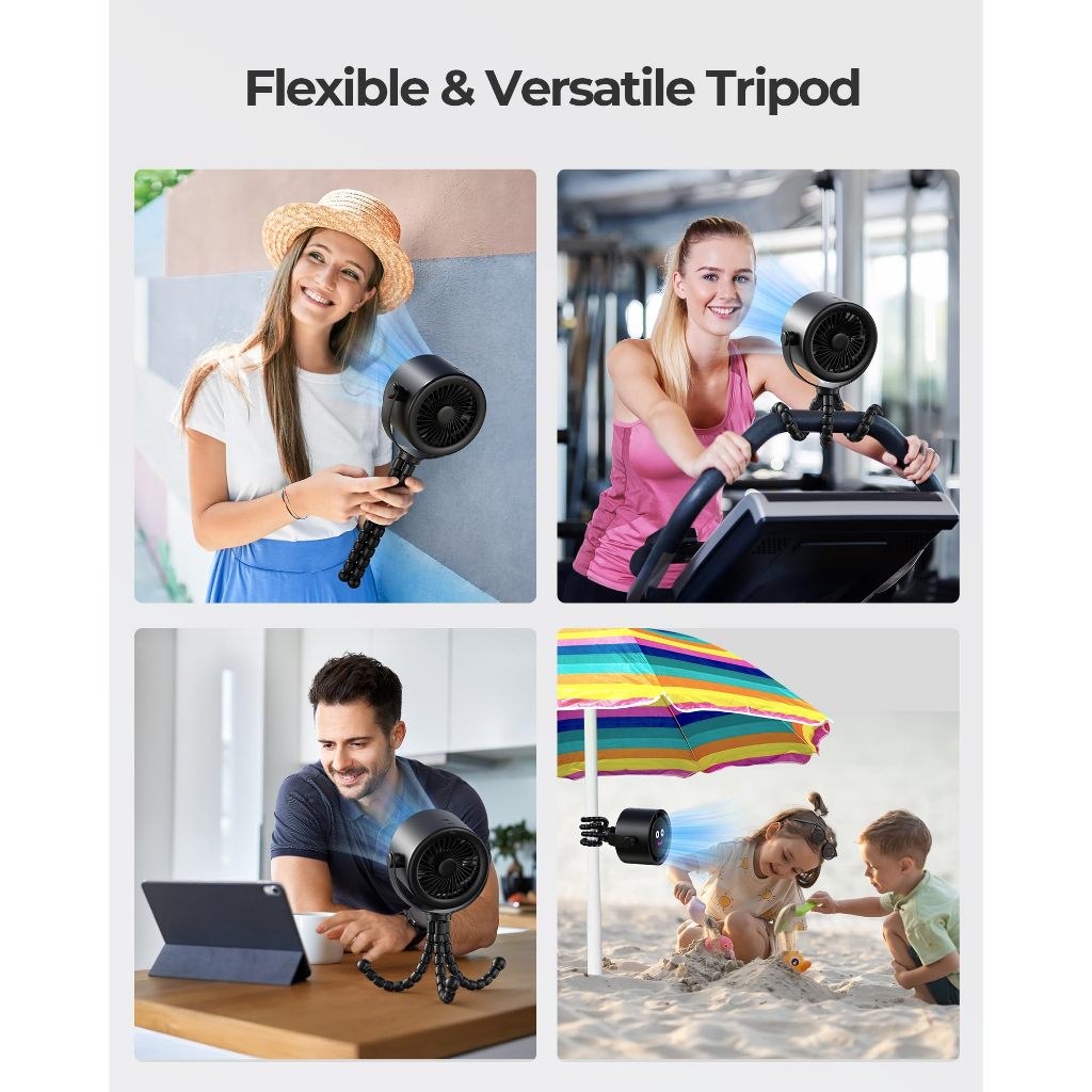 Tiankeplus Baby Stroller & Crib Fan (Quiet Turbo Airflow, Flexible Silicone Tripod, Long-Lasting Battery)