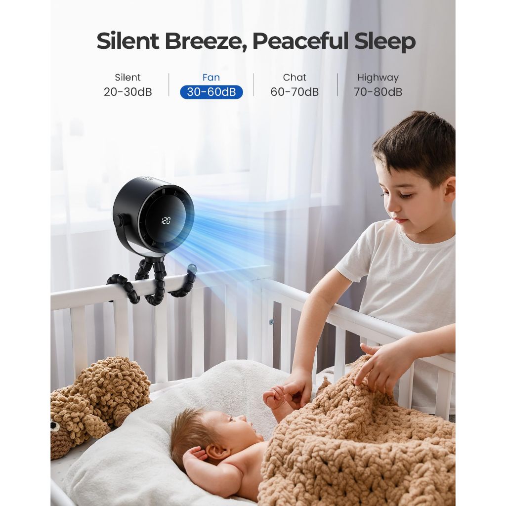 Tiankeplus Baby Stroller & Crib Fan (Quiet Turbo Airflow, Flexible Silicone Tripod, Long-Lasting Battery)